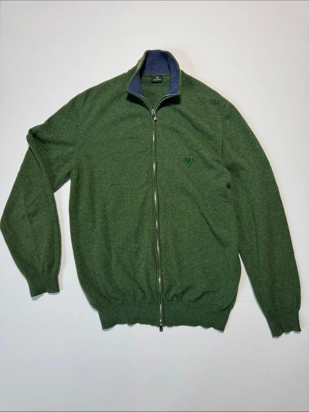 ROLEX Wimbledon VTG Forest Green Full Dual-Zip Cashmere Sweater Made in Italy XL - Picture 1 of 16